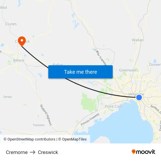 Cremorne to Creswick map