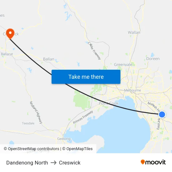 Dandenong North to Creswick map