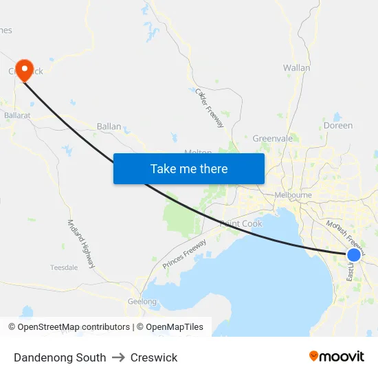 Dandenong South to Creswick map