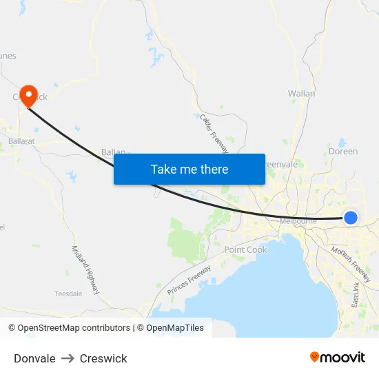 Donvale to Creswick map