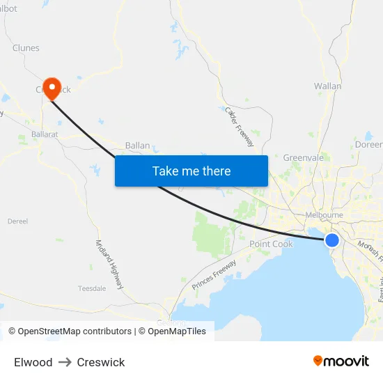 Elwood to Creswick map