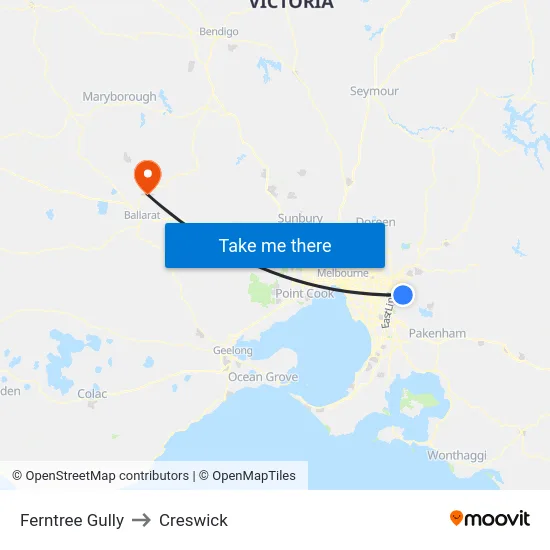 Ferntree Gully to Creswick map