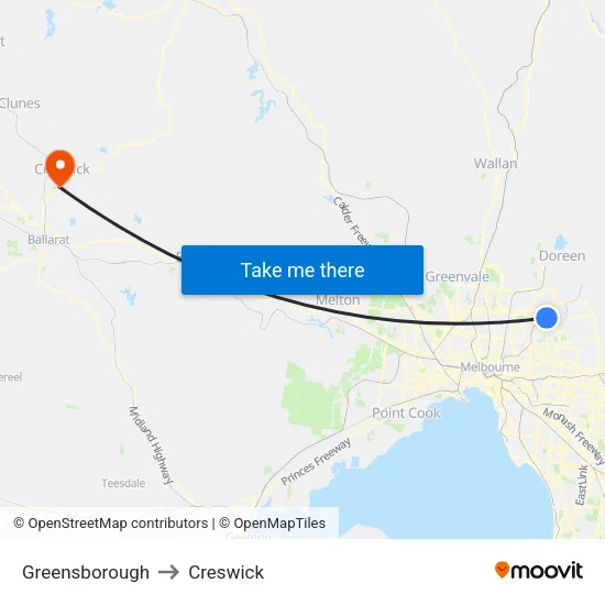 Greensborough to Creswick map