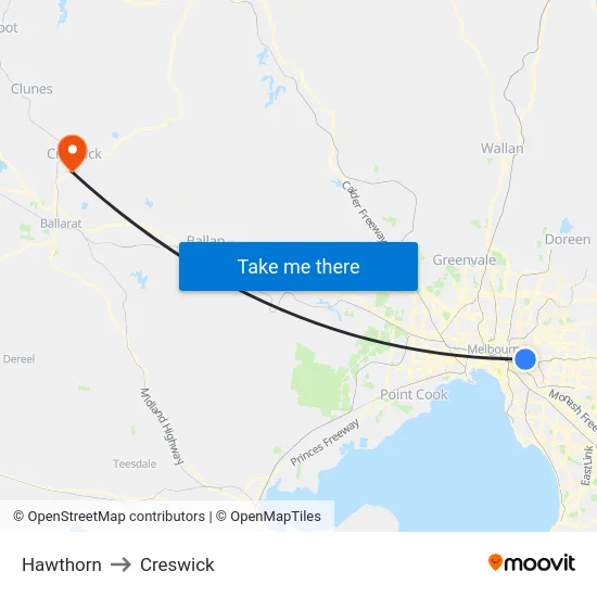 Hawthorn to Creswick map