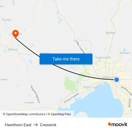 Hawthorn East to Creswick map