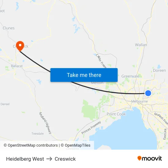 Heidelberg West to Creswick map