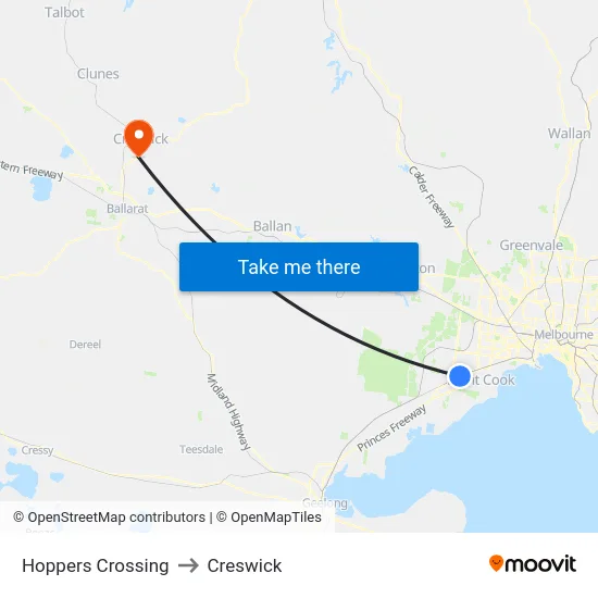 Hoppers Crossing to Creswick map