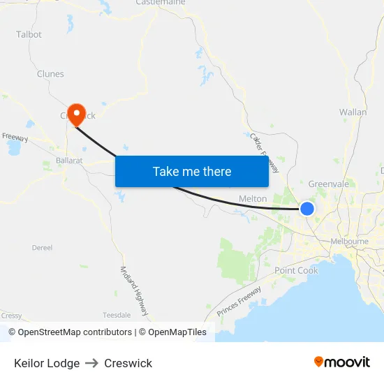 Keilor Lodge to Creswick map