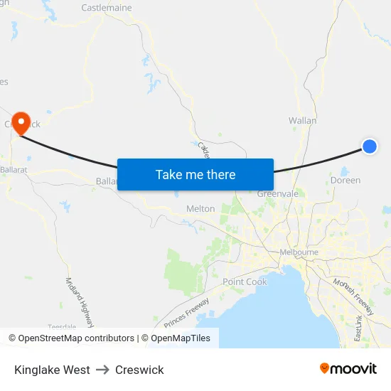 Kinglake West to Creswick map