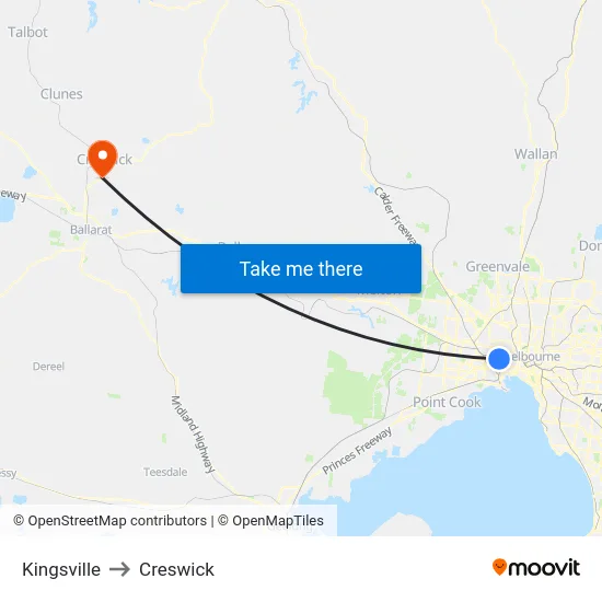 Kingsville to Creswick map