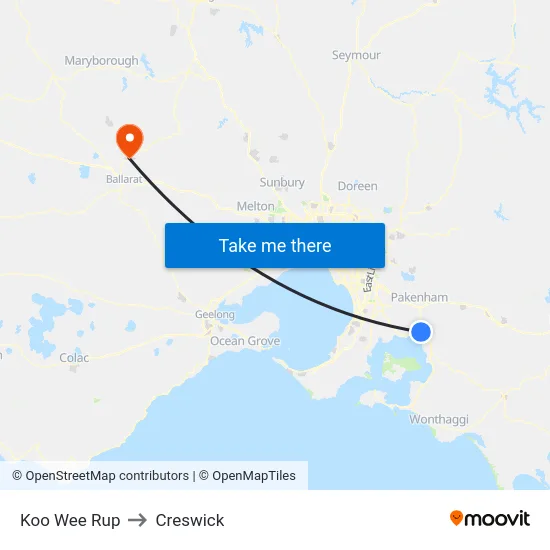 Koo Wee Rup to Creswick map