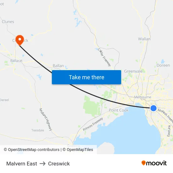 Malvern East to Creswick map