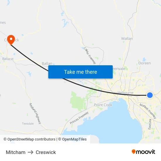 Mitcham to Creswick map