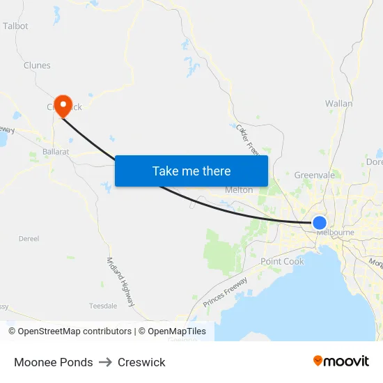 Moonee Ponds to Creswick map