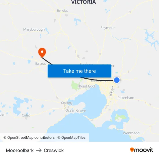Mooroolbark to Creswick map
