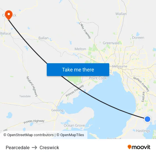 Pearcedale to Creswick map