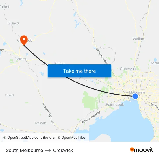 South Melbourne to Creswick map