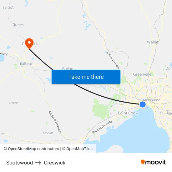 Spotswood to Creswick map