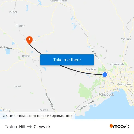 Taylors Hill to Creswick map
