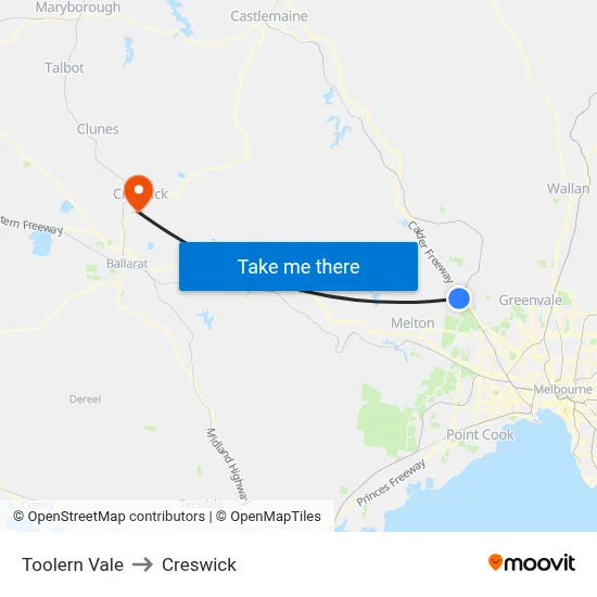 Toolern Vale to Creswick map