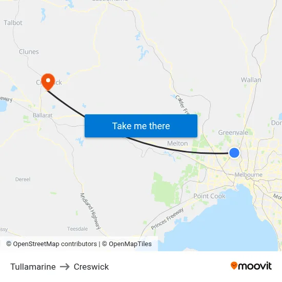 Tullamarine to Creswick map
