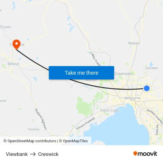 Viewbank to Creswick map