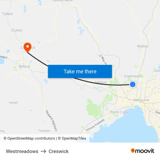 Westmeadows to Creswick map