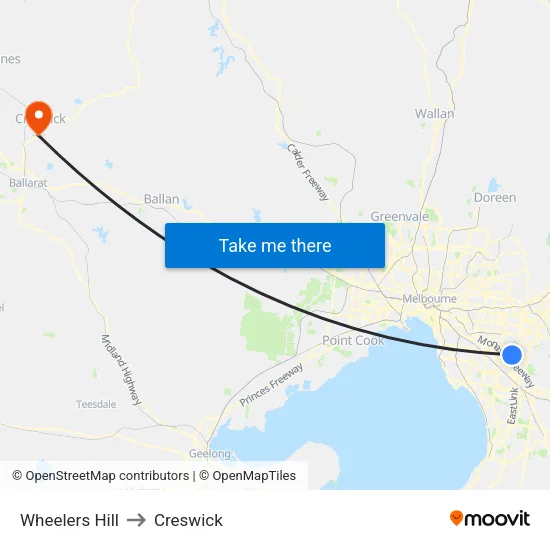 Wheelers Hill to Creswick map