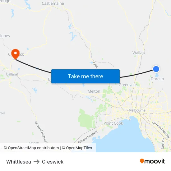 Whittlesea to Creswick map