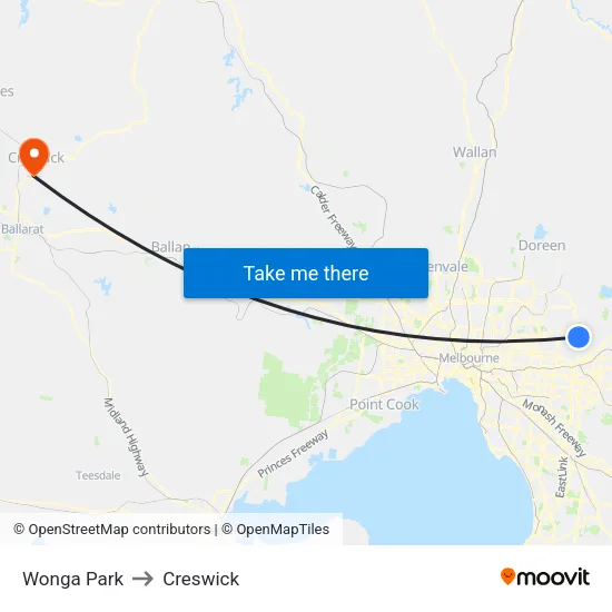 Wonga Park to Creswick map