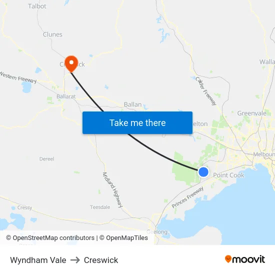 Wyndham Vale to Creswick map