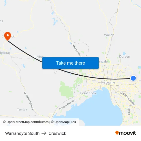 Warrandyte South to Creswick map