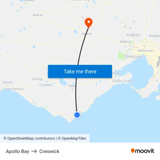 Apollo Bay to Creswick map