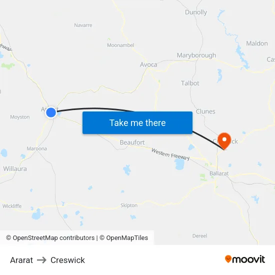 Ararat to Creswick map