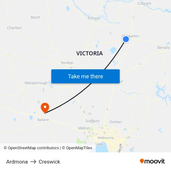 Ardmona to Creswick map