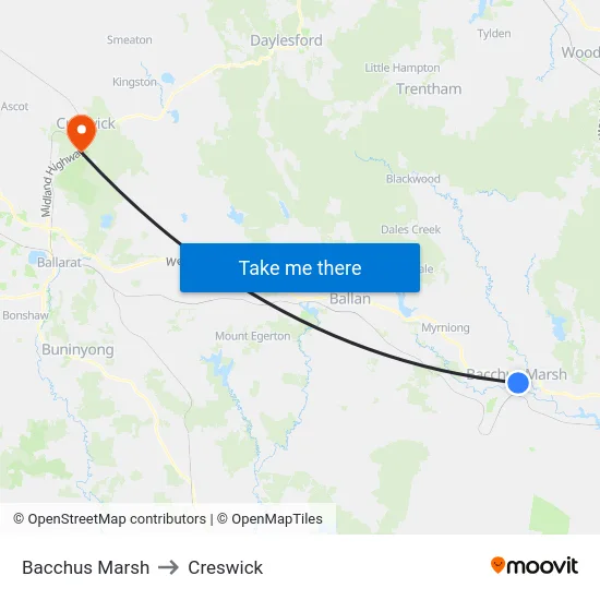 Bacchus Marsh to Creswick map