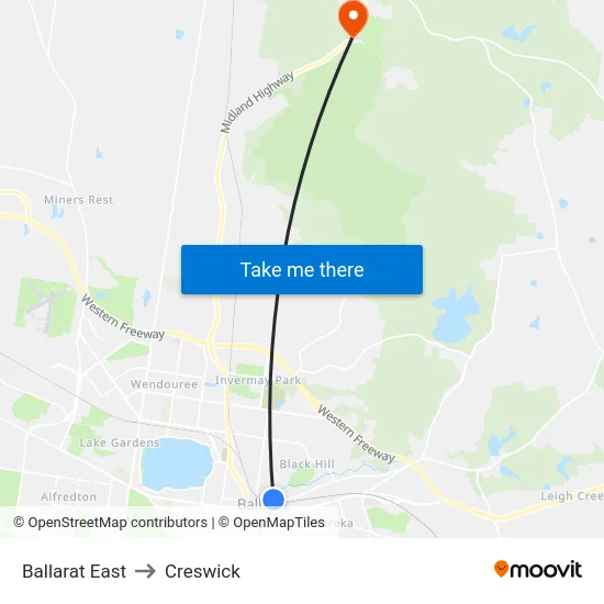 Ballarat East to Creswick map