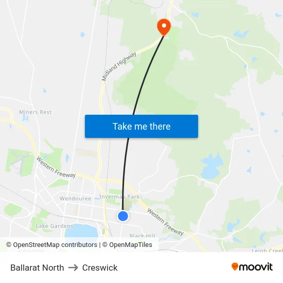 Ballarat North to Creswick map