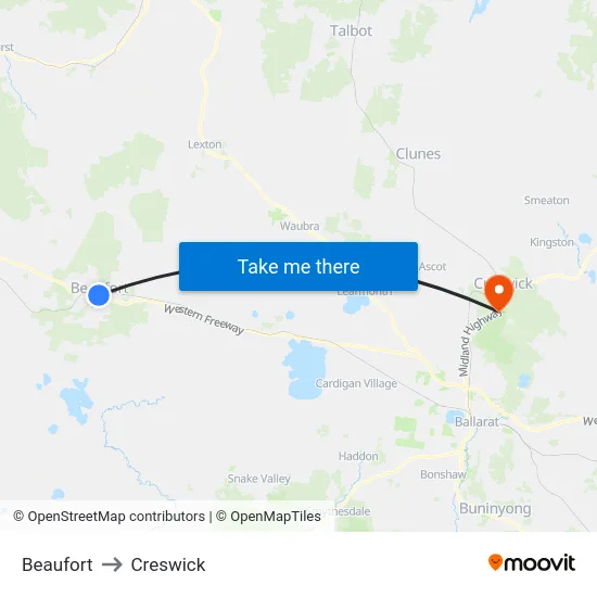 Beaufort to Creswick map
