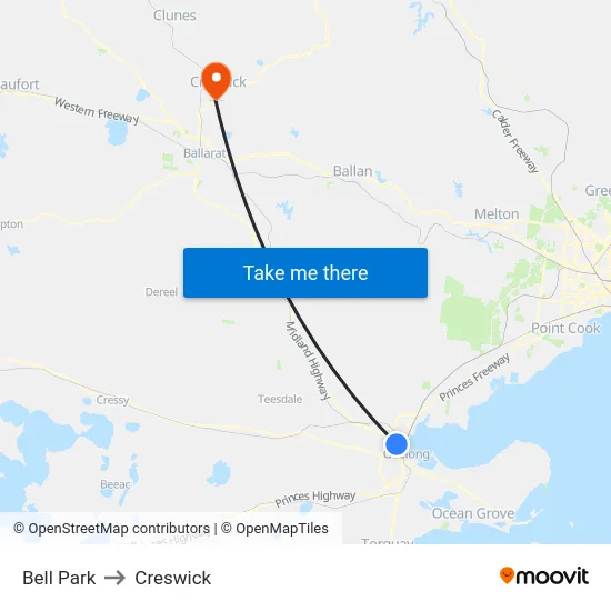 Bell Park to Creswick map