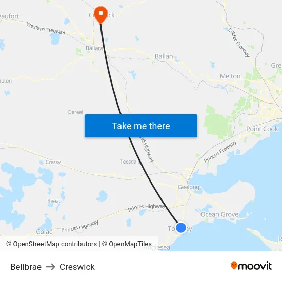 Bellbrae to Creswick map