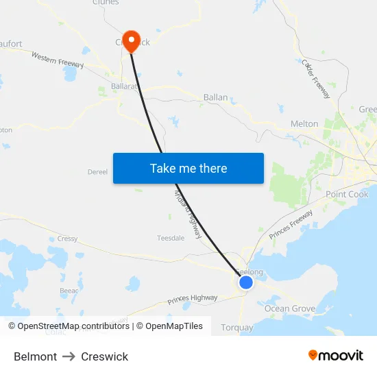 Belmont to Creswick map