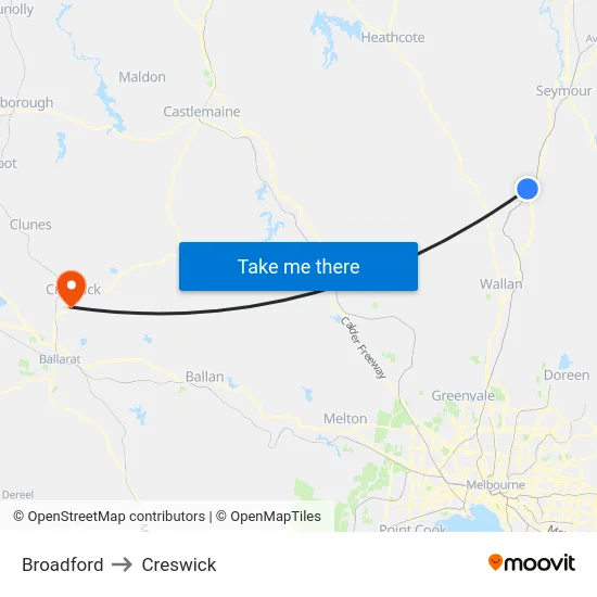 Broadford to Creswick map