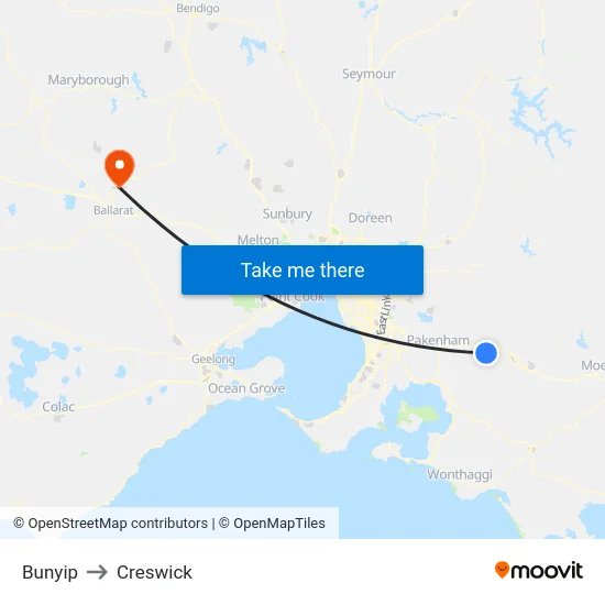 Bunyip to Creswick map