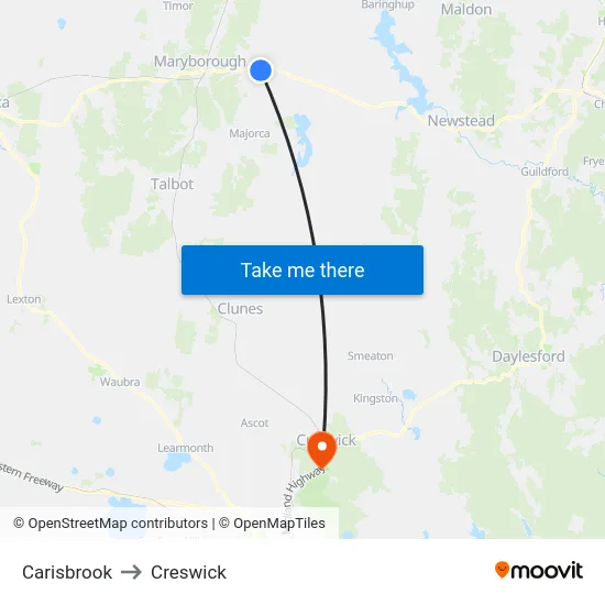 Carisbrook to Creswick map