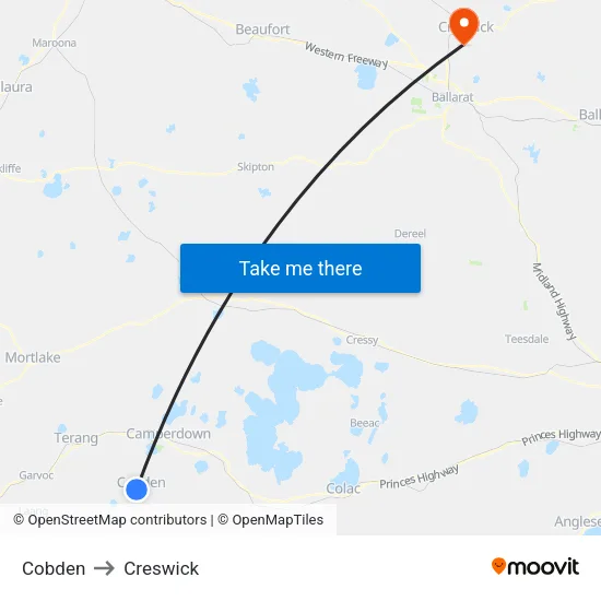 Cobden to Creswick map
