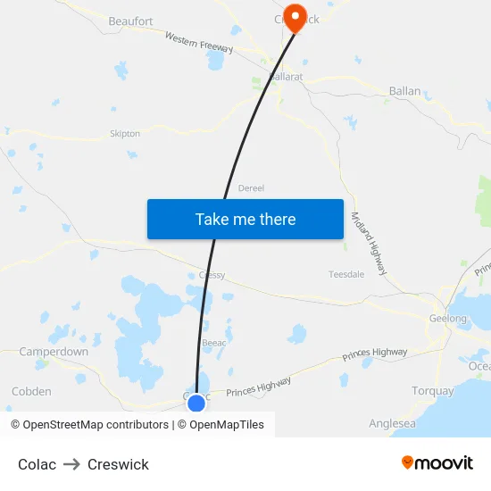 Colac to Creswick map