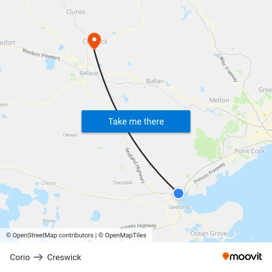 Corio to Creswick map
