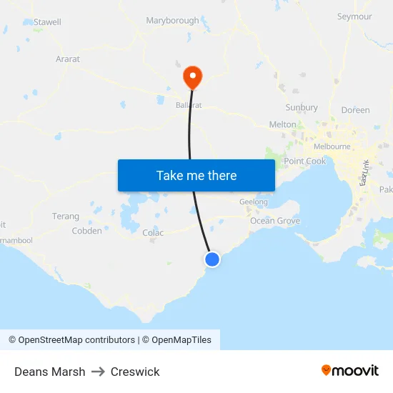 Deans Marsh to Creswick map