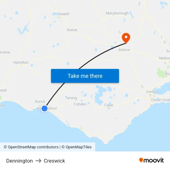 Dennington to Creswick map